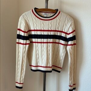 REPAIR Vigoss Cream Cable Cropped Sweater Navy Red Stripes Academic Preppy